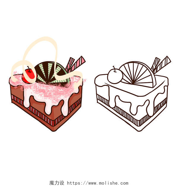 巧克力蛋糕 彩色和线条简笔对比 甜品 插画素材简笔画甜品